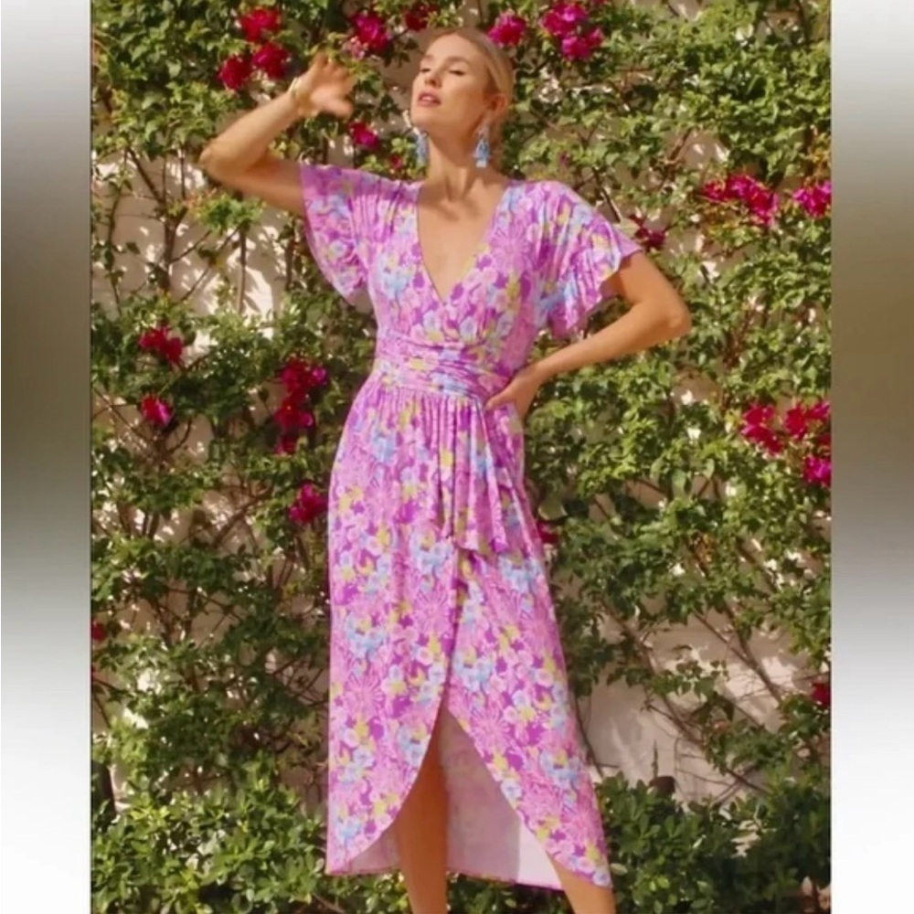 Lilly Pulitzer Anchorage Floral Faux Wrap Flutter Sleeve Midi Dress Women’s XS - Picture 13 of 13